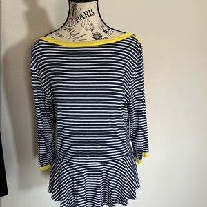 Bobeau Fitted Peplum Blouse Blue and White 3/4 Sleeve